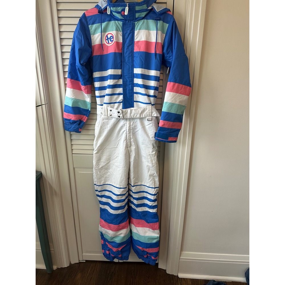 Tipsy Elves Womens Retro Striped Ski Suit Blue Pink White One Piece Small